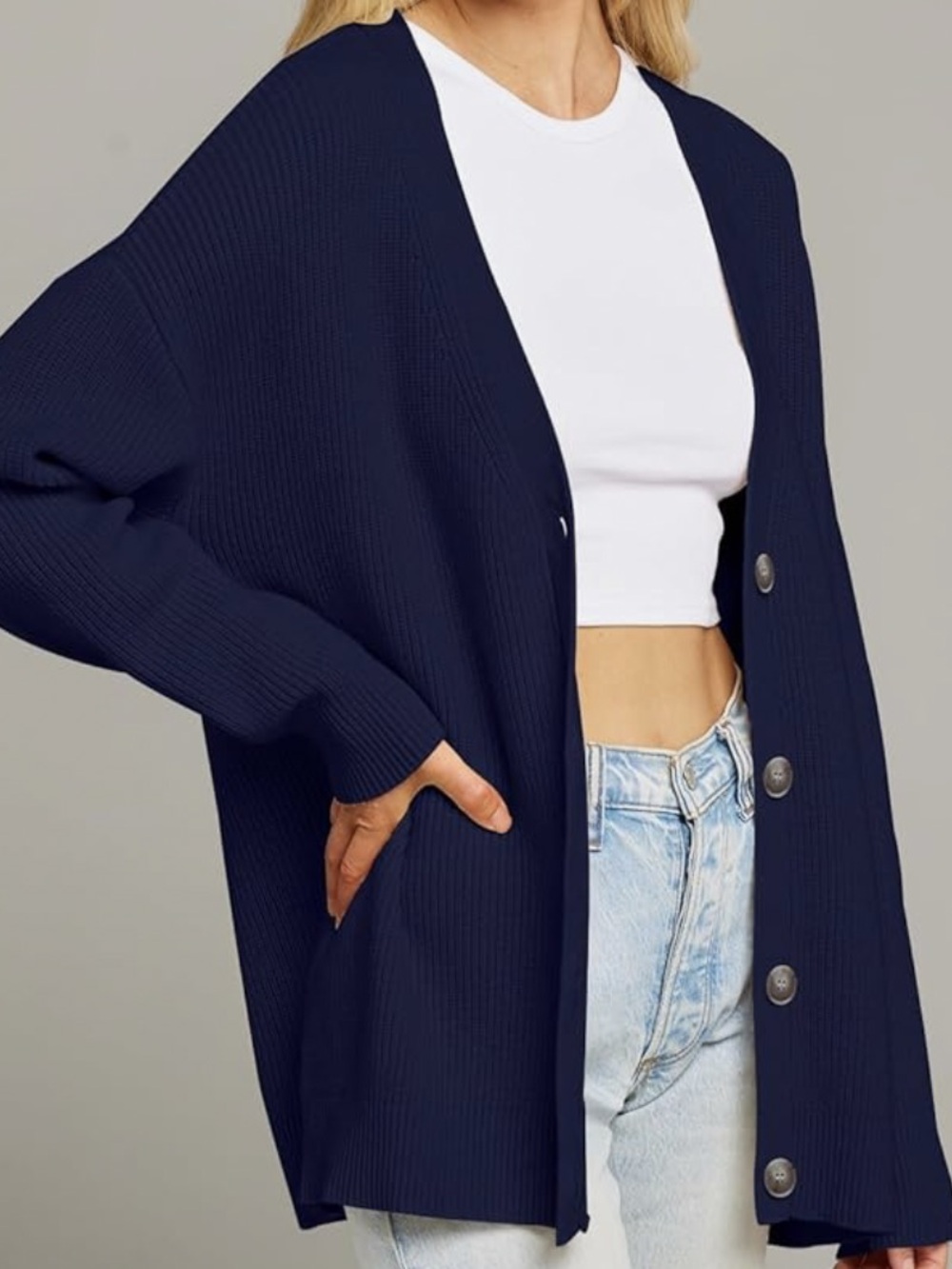 MEROKEETY Classic Navy Ribbed V-Neck Cardigan